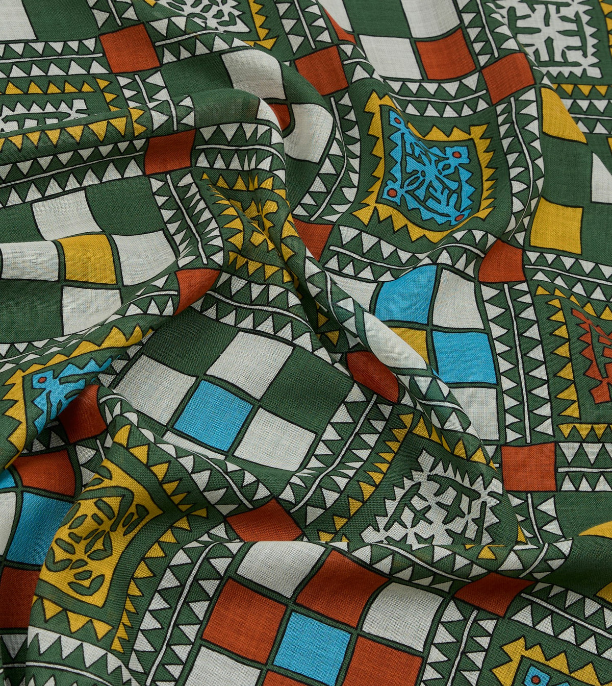Drake's Green Geometric Print Wool Silk Scarf