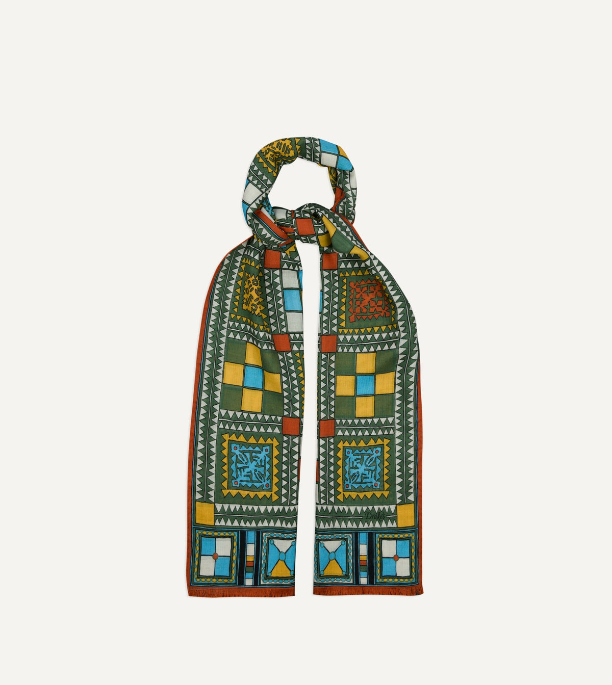 Drake's Green Geometric Print Wool Silk Scarf