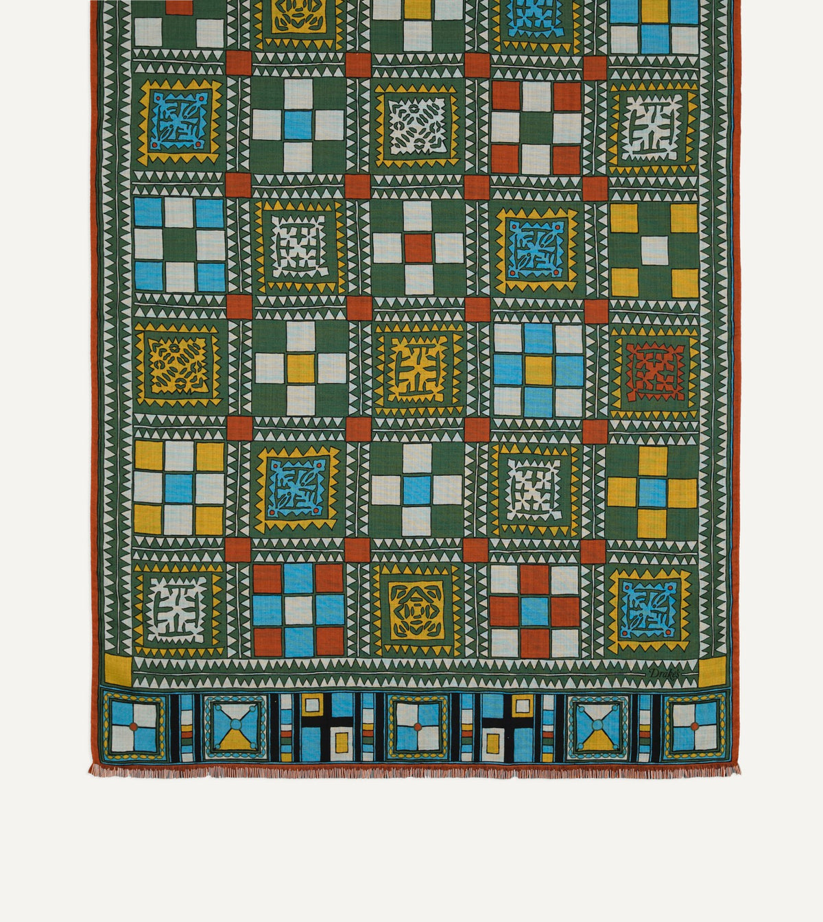 Drake's Green Geometric Print Wool Silk Scarf