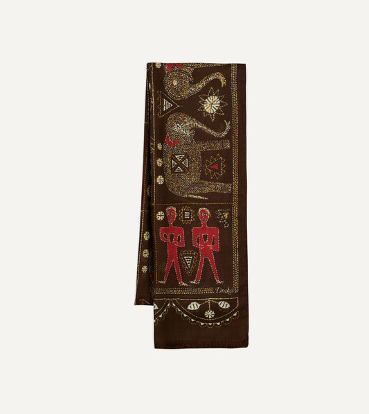 Drake's Brown Embroidered Elephant Print Wool Silk Scarf