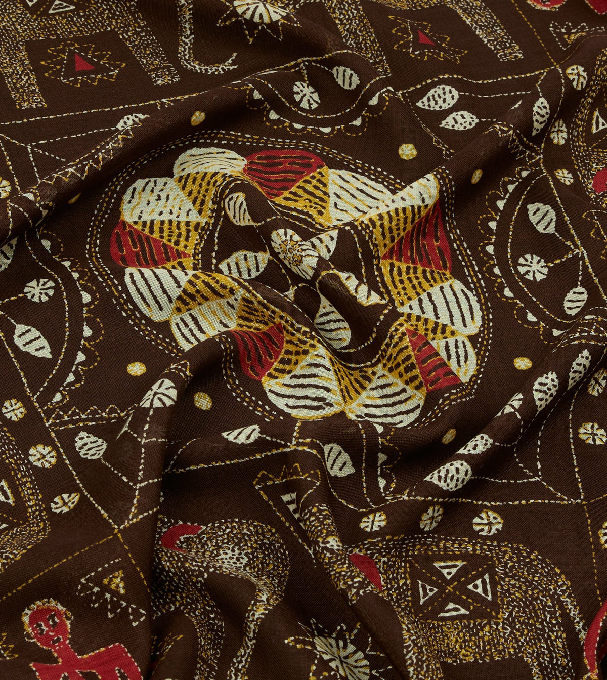 Drake's Brown Embroidered Elephant Print Wool Silk Scarf