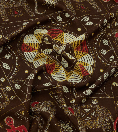 Drake's Brown Embroidered Elephant Print Wool Silk Scarf