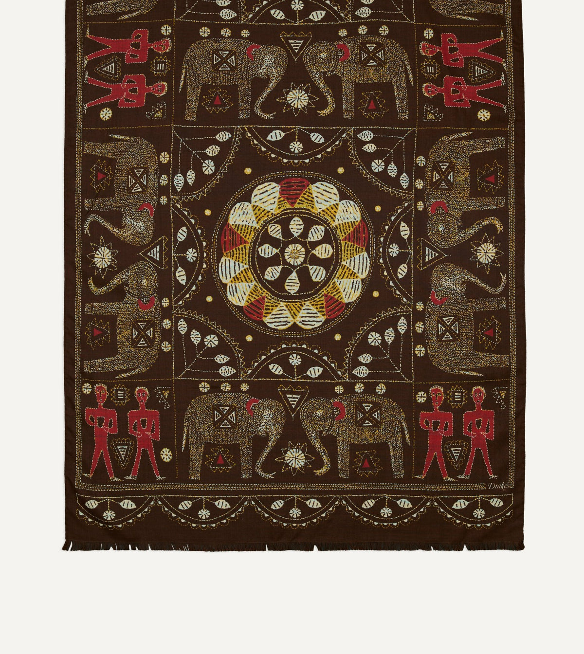 Drake's Brown Embroidered Elephant Print Wool Silk Scarf
