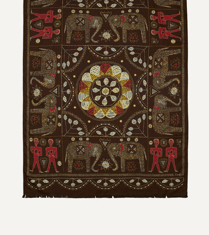 Drake's Brown Embroidered Elephant Print Wool Silk Scarf