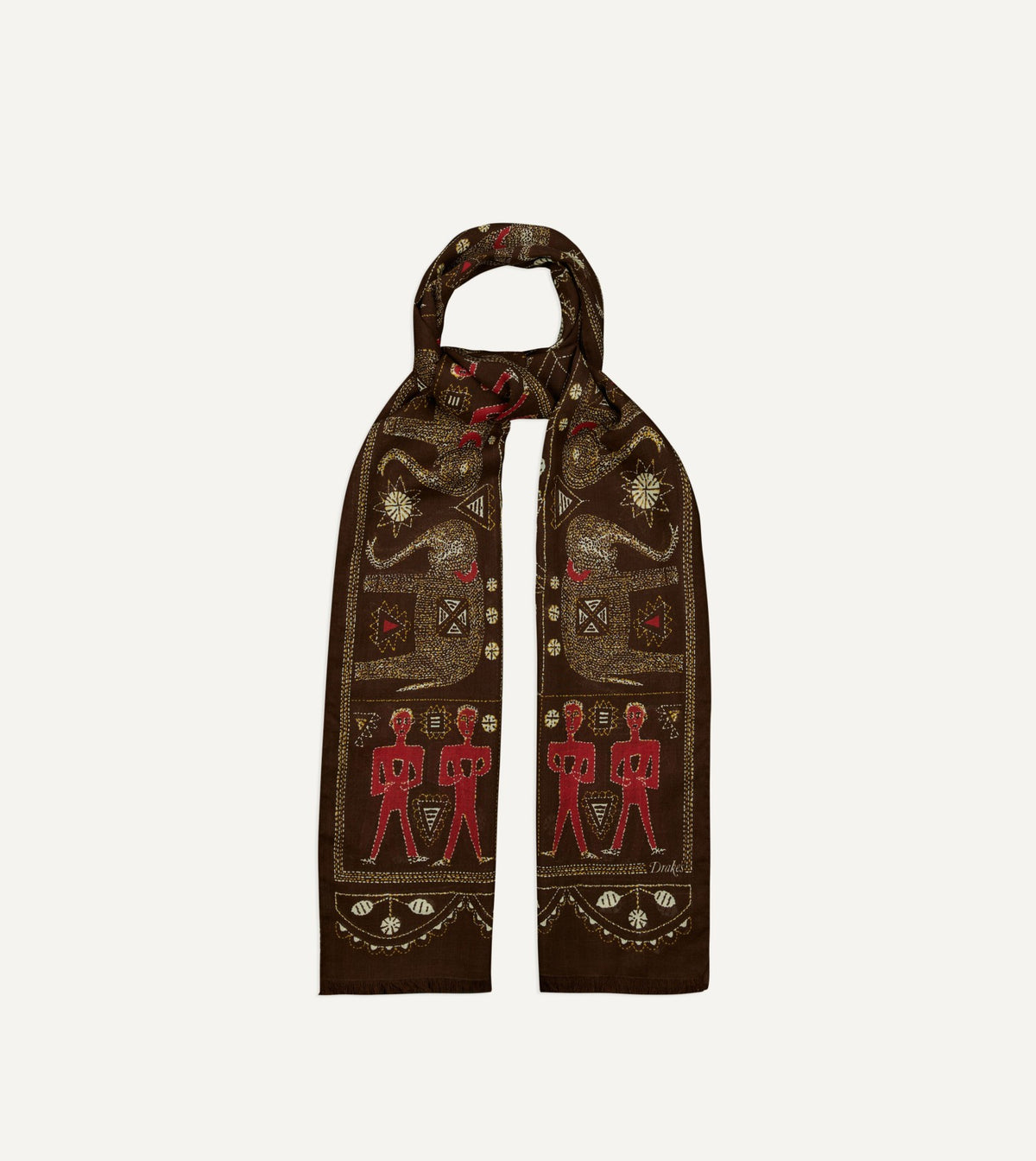 Drake's Brown Embroidered Elephant Print Wool Silk Scarf