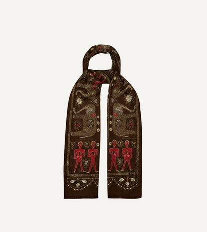 Drake's Brown Embroidered Elephant Print Wool Silk Scarf