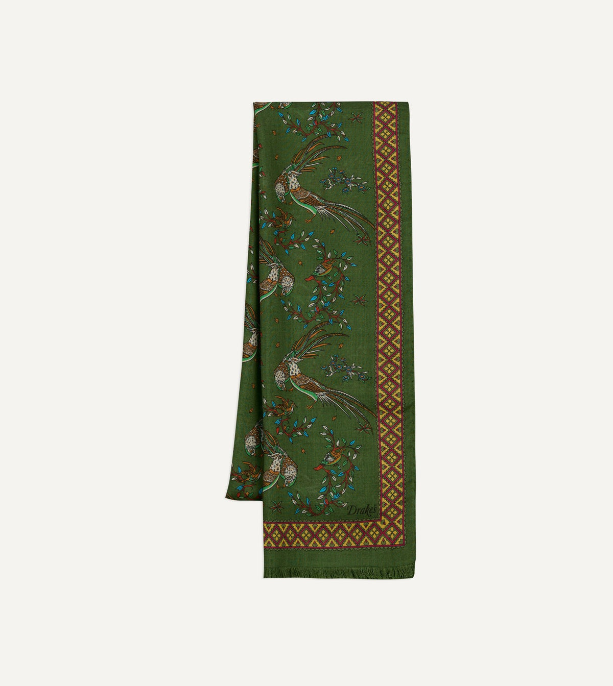 Drake's Olive Birds of Paradise Print Wool Silk Scarf