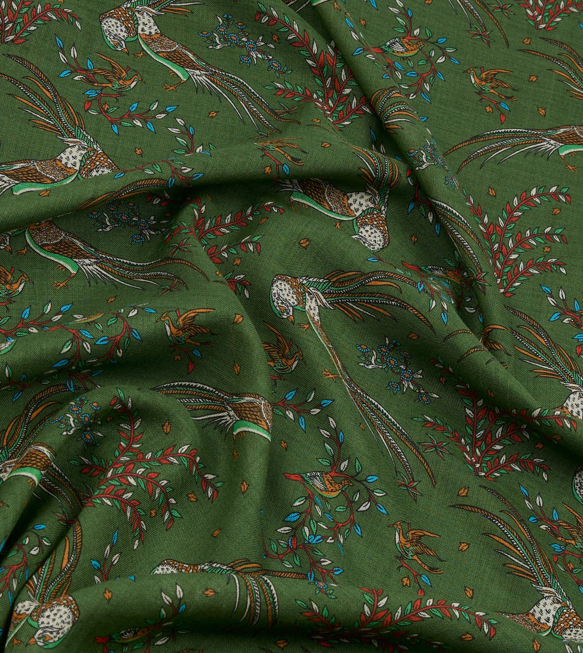 Drake's Olive Birds of Paradise Print Wool Silk Scarf