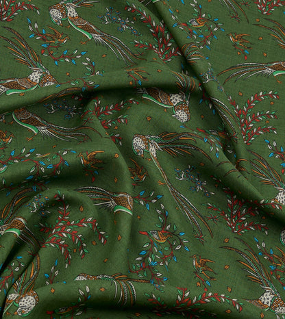 Drake's Olive Birds of Paradise Print Wool Silk Scarf