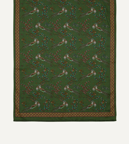 Drake's Olive Birds of Paradise Print Wool Silk Scarf
