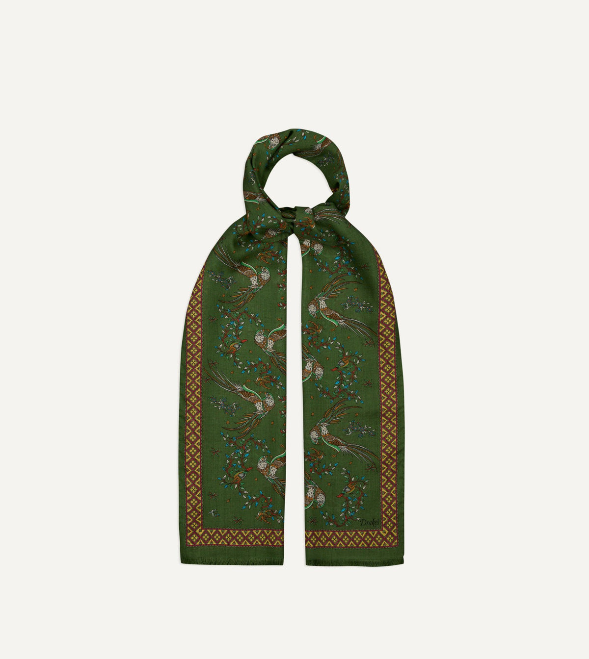 Drake's Olive Birds of Paradise Print Wool Silk Scarf