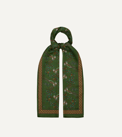 Drake's Olive Birds of Paradise Print Wool Silk Scarf