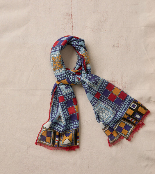 Drake's Blue Geometric Print Wool Silk Scarf