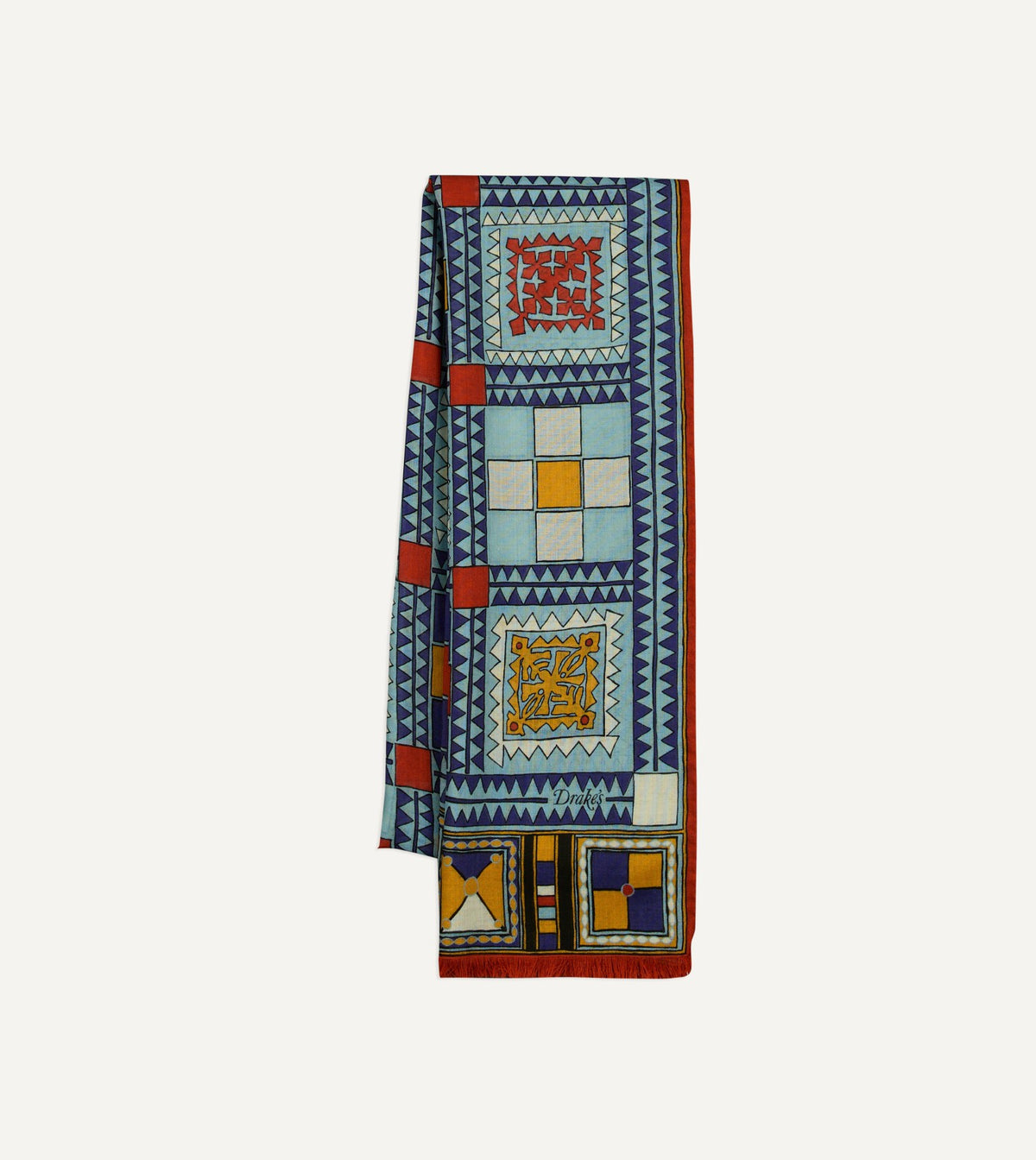 Drake's Blue Geometric Print Wool Silk Scarf