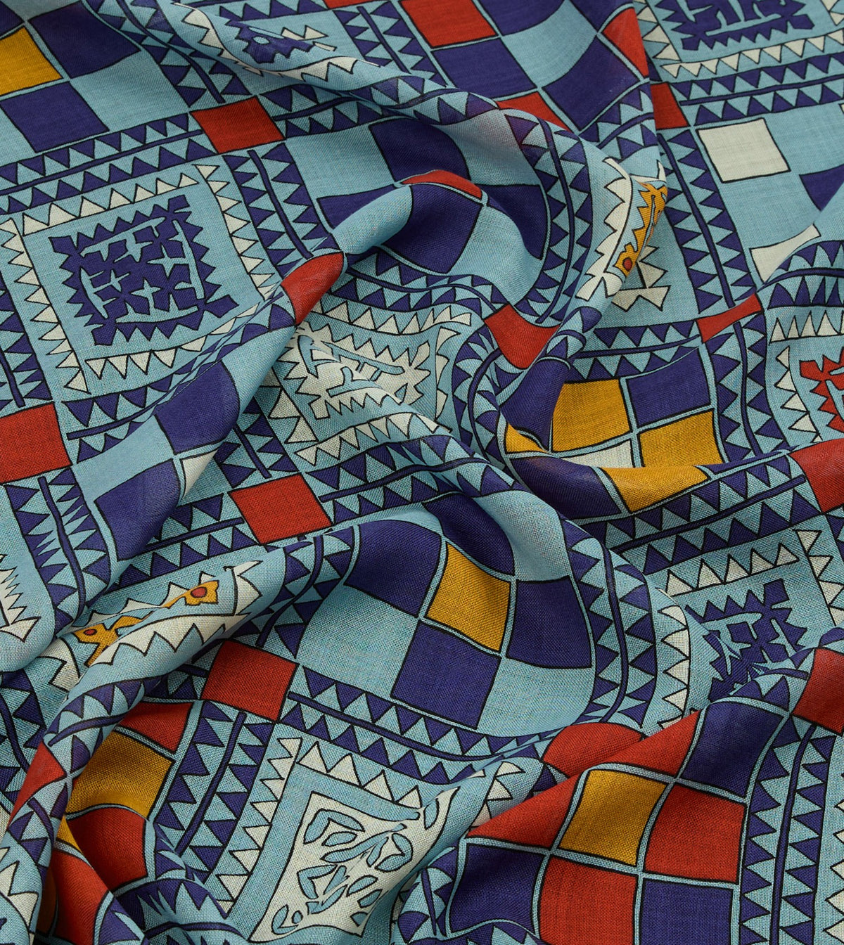 Drake's Blue Geometric Print Wool Silk Scarf