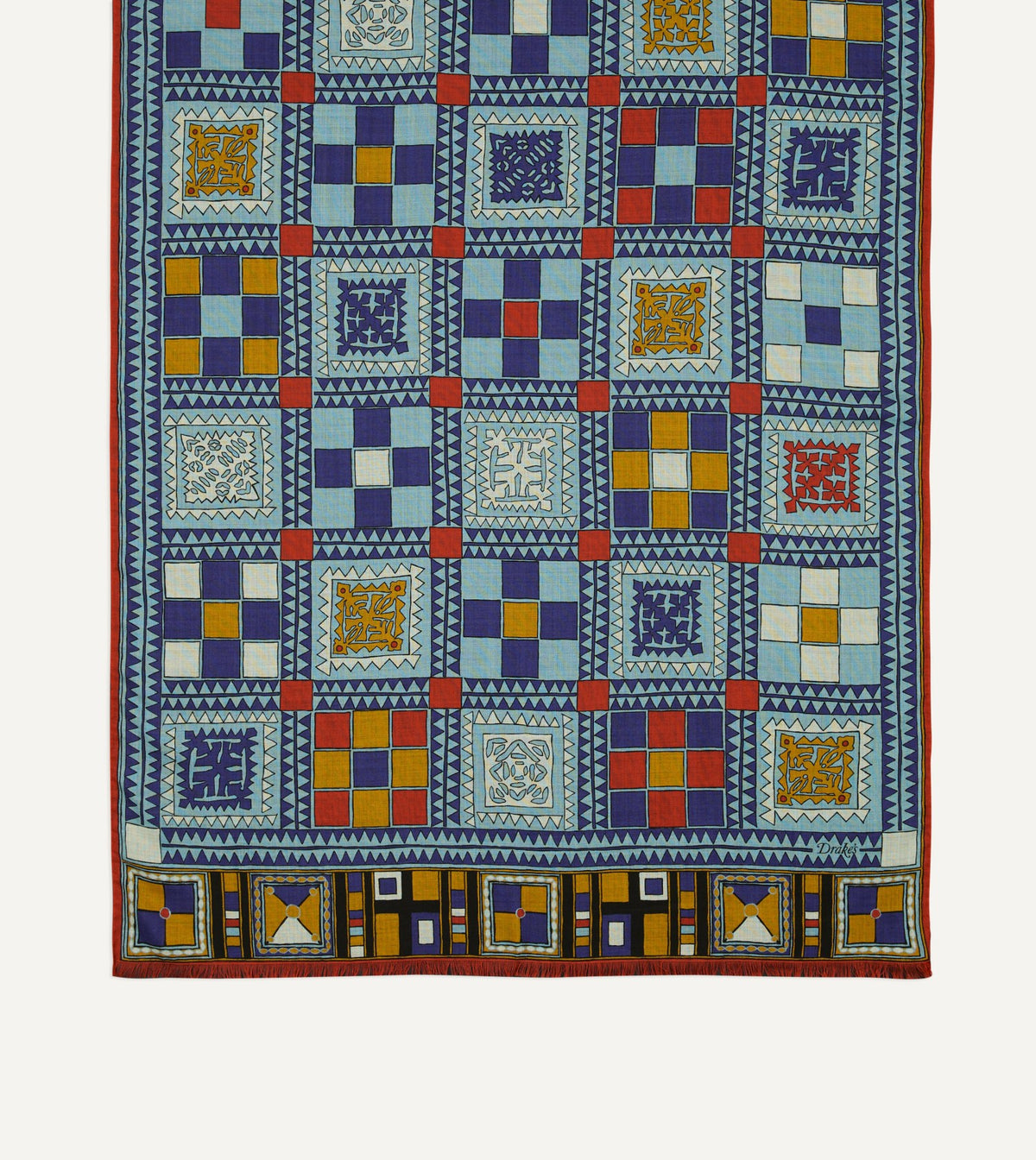 Drake's Blue Geometric Print Wool Silk Scarf