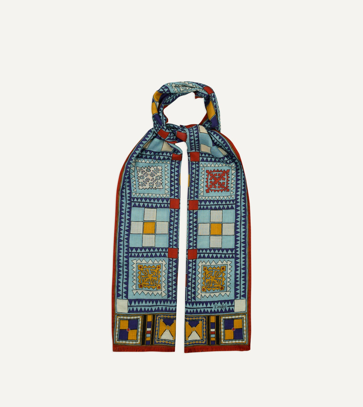 Drake's Blue Geometric Print Wool Silk Scarf