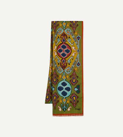 Drake's Olive Tapestry Print Wool Silk Scarf
