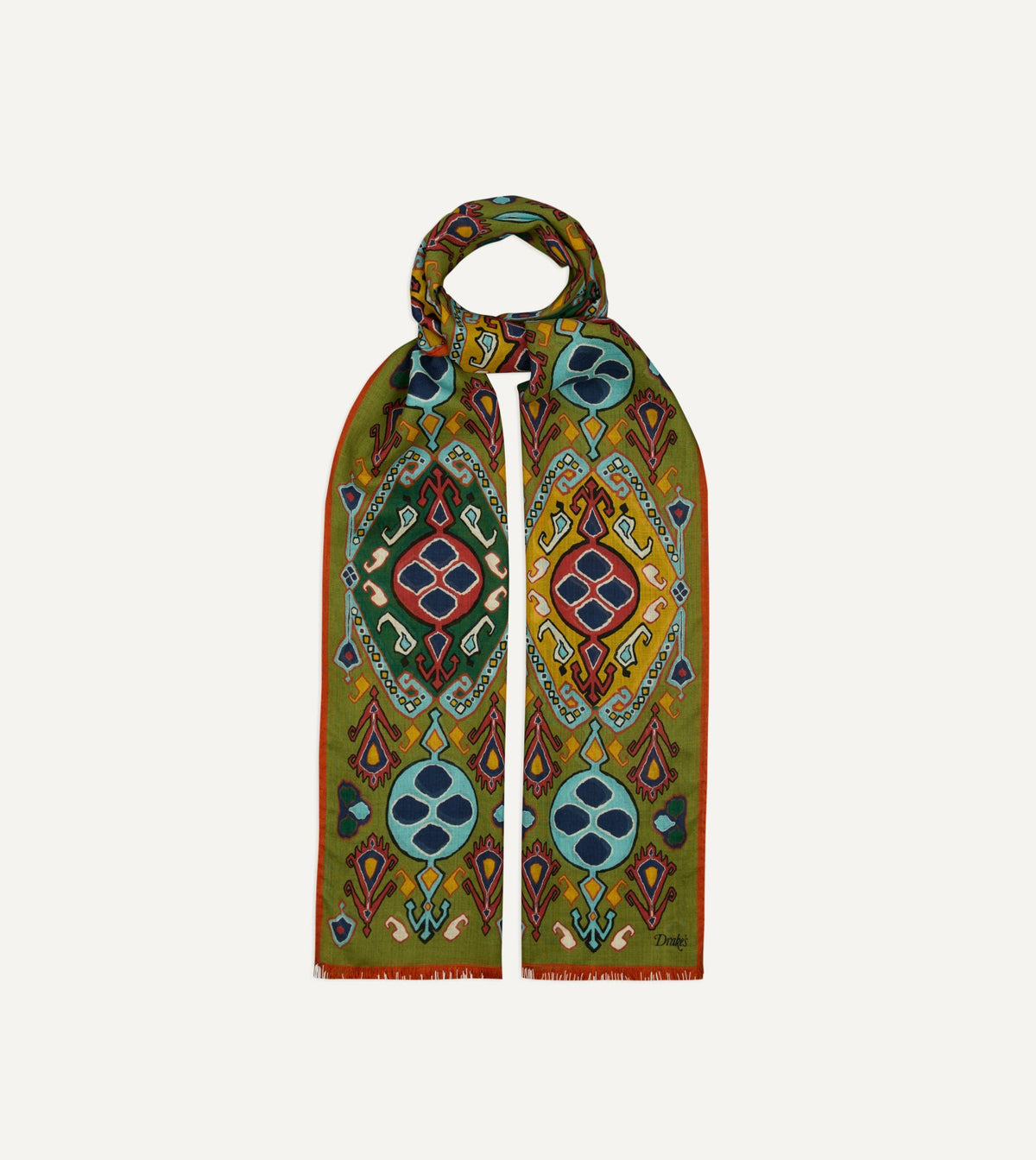 Drake's Olive Tapestry Print Wool Silk Scarf