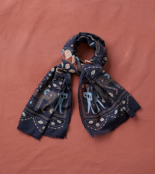 Drake's Navy Embroidered Elephant Print Wool Silk Scarf