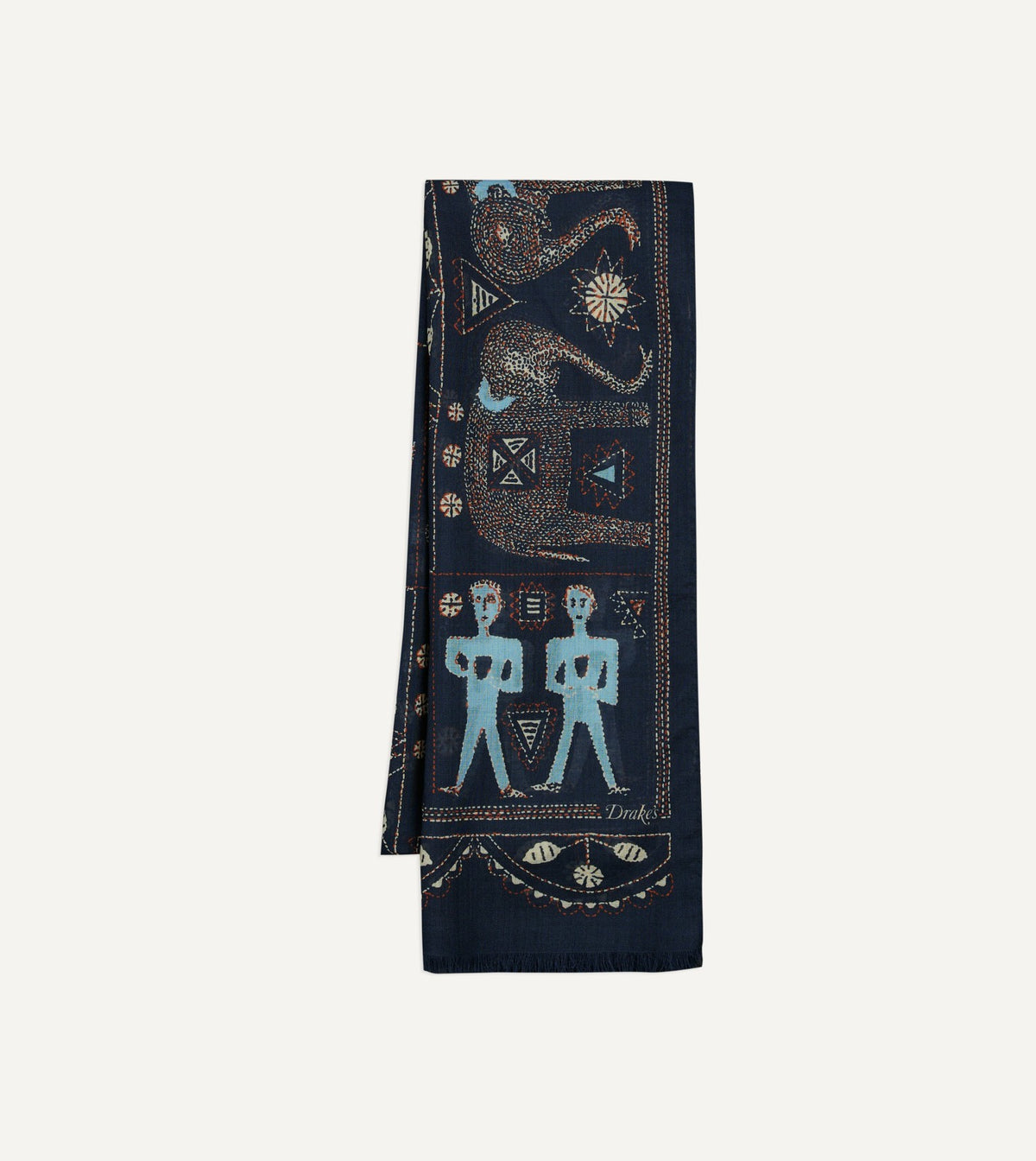 Drake's Navy Embroidered Elephant Print Wool Silk Scarf