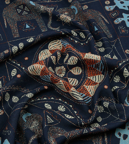 Drake's Navy Embroidered Elephant Print Wool Silk Scarf