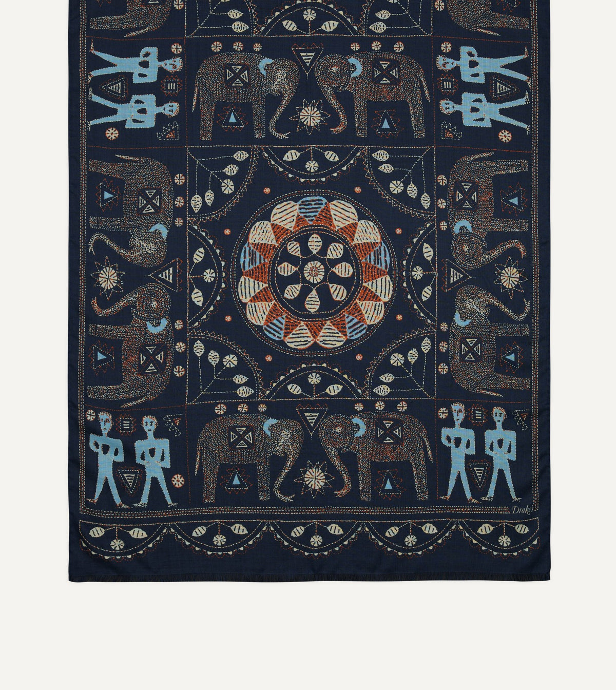 Drake's Navy Embroidered Elephant Print Wool Silk Scarf