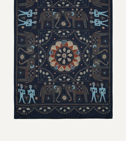 Drake's Navy Embroidered Elephant Print Wool Silk Scarf
