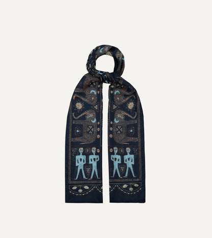 Drake's Navy Embroidered Elephant Print Wool Silk Scarf