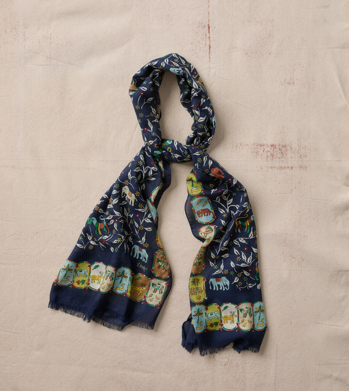 Drake's Navy Loose Animal Print Wool-Silk Scarf