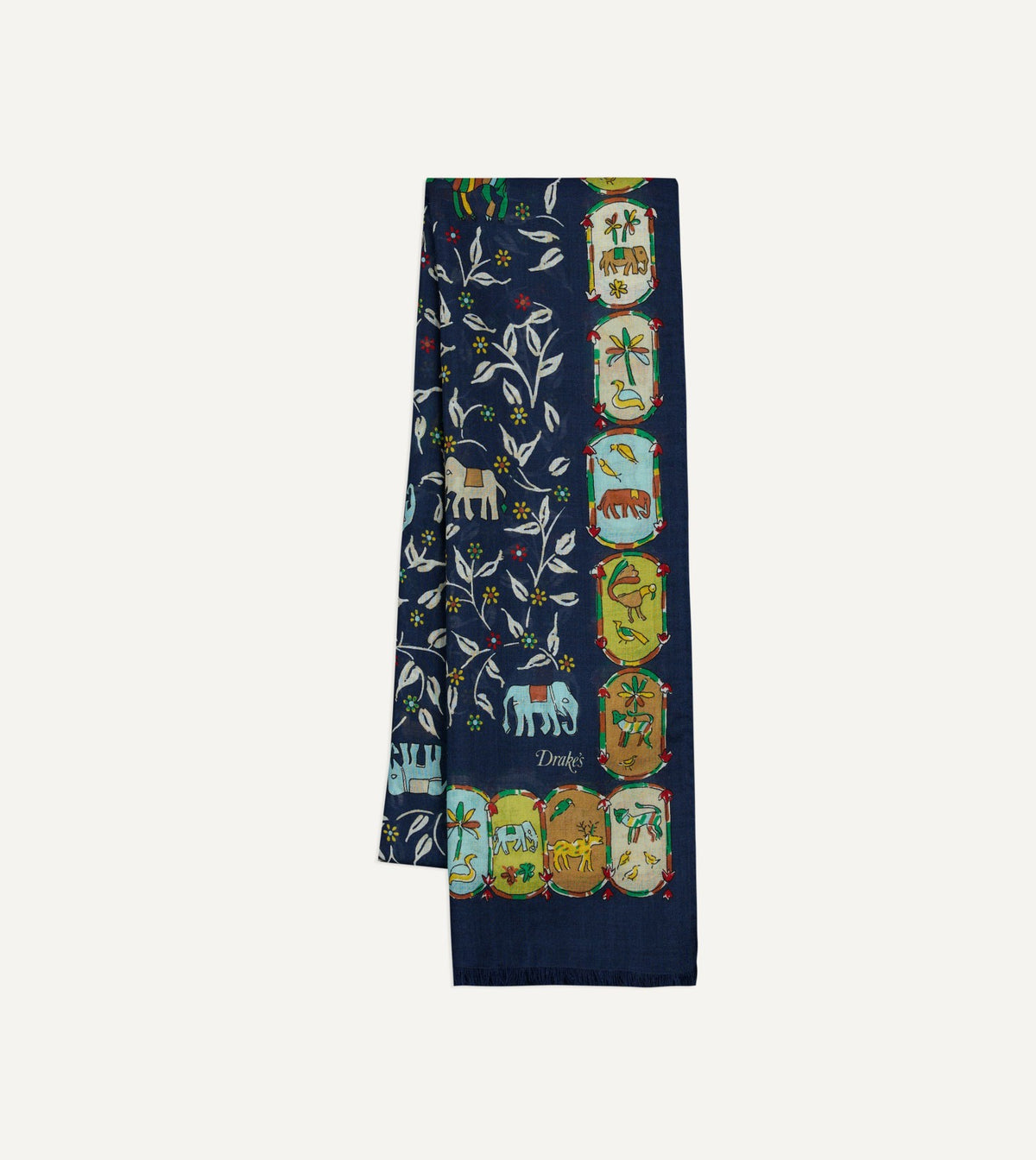 Drake's Navy Loose Animal Print Wool-Silk Scarf