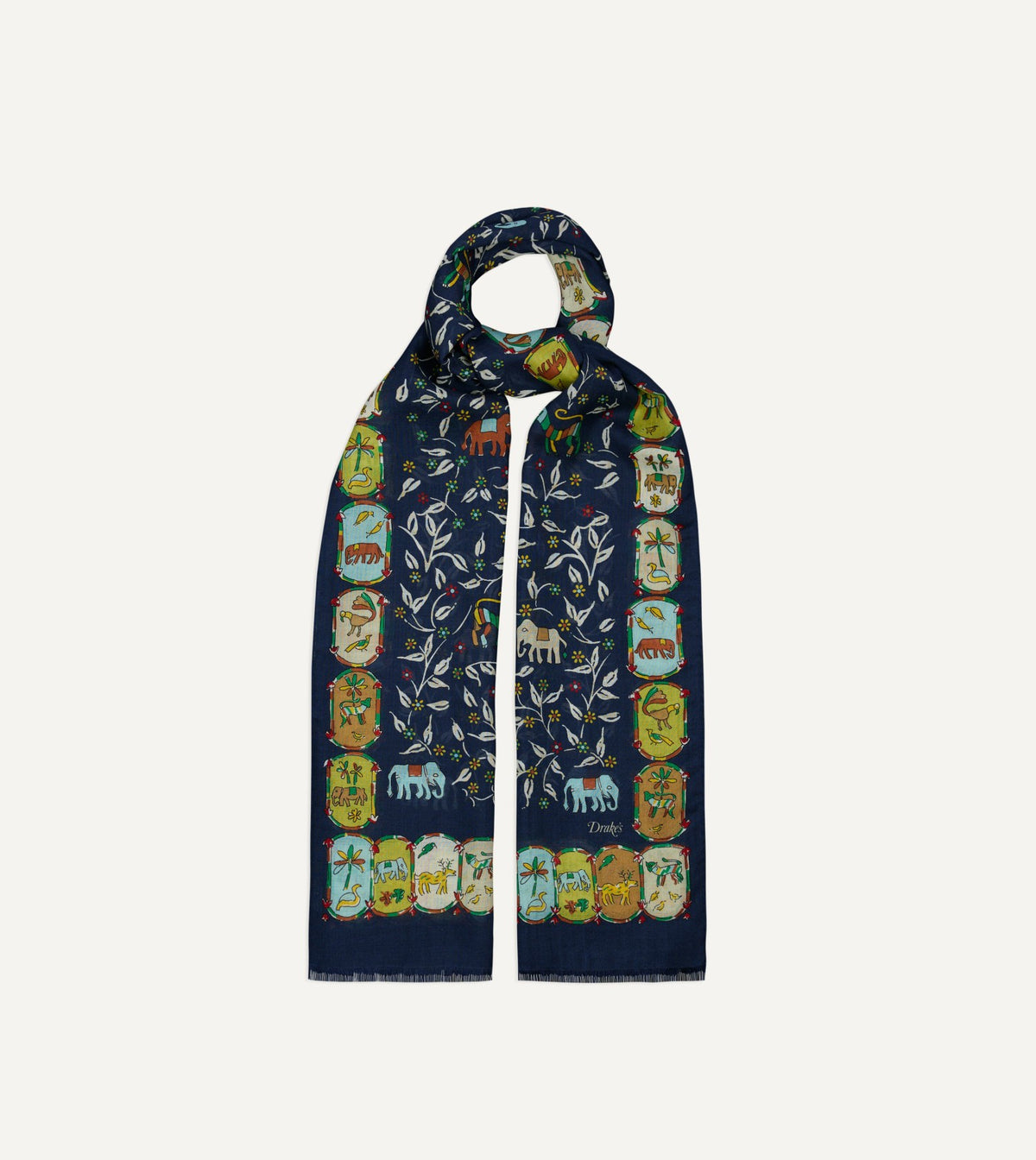 Drake's Navy Loose Animal Print Wool-Silk Scarf