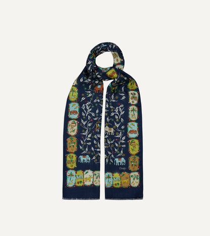 Drake's Navy Loose Animal Print Wool-Silk Scarf