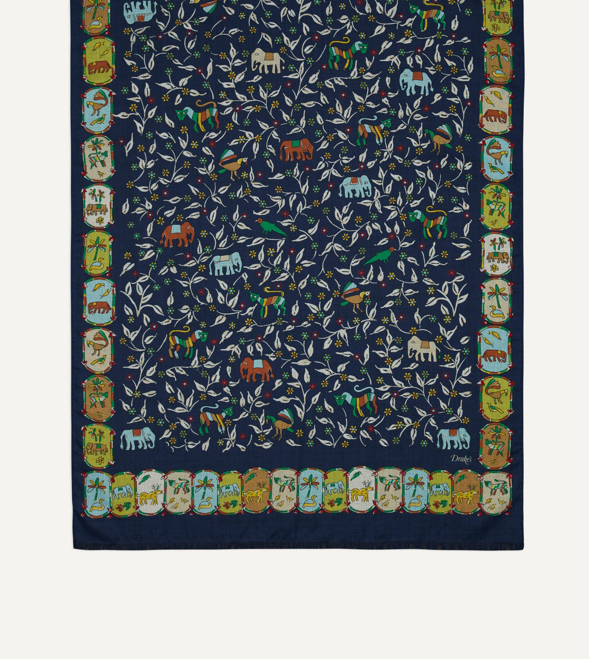 Drake's Navy Loose Animal Print Wool-Silk Scarf