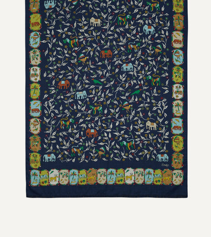Drake's Navy Loose Animal Print Wool-Silk Scarf