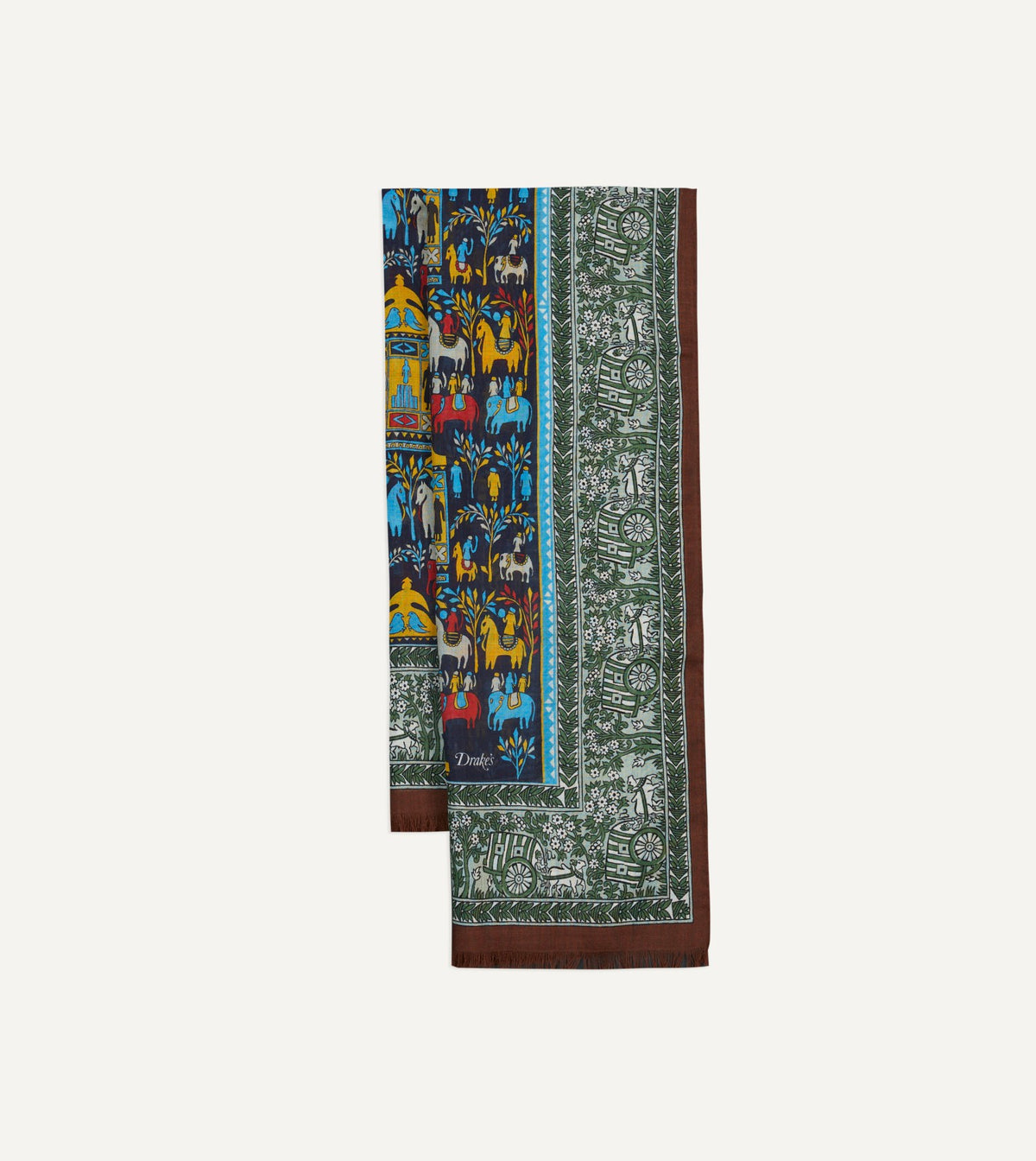 Drake's Navy Elephant Village Print Wool-Silk Scarf