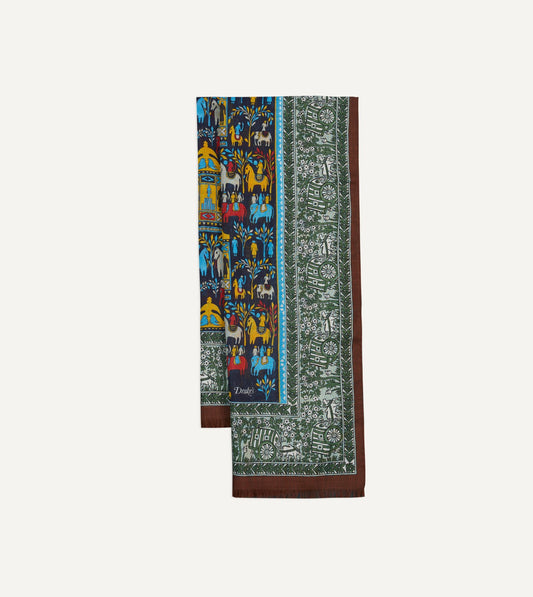 Drake's Navy Elephant Village Print Wool-Silk Scarf