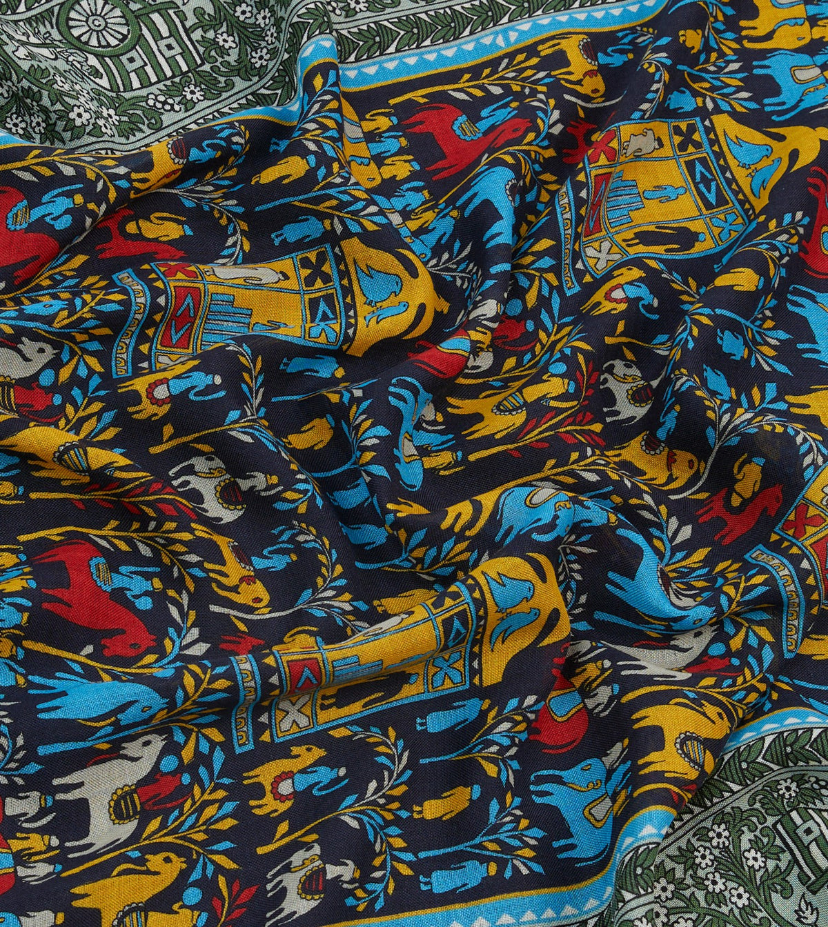 Drake's Navy Elephant Village Print Wool-Silk Scarf