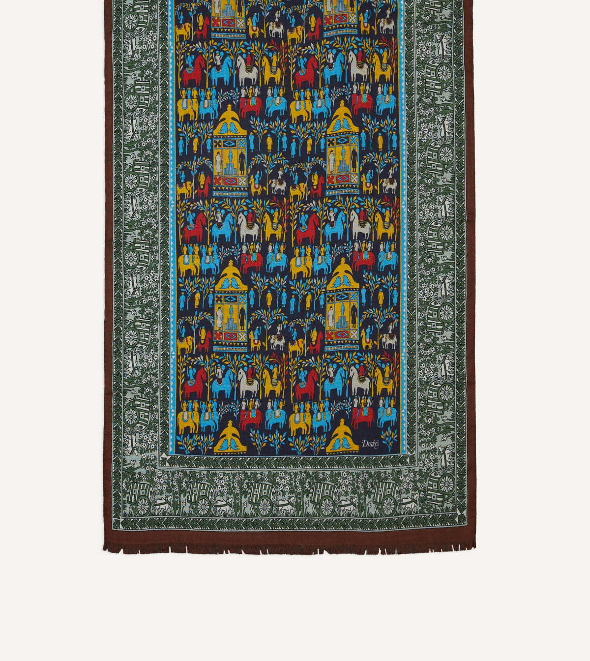 Drake's Navy Elephant Village Print Wool-Silk Scarf
