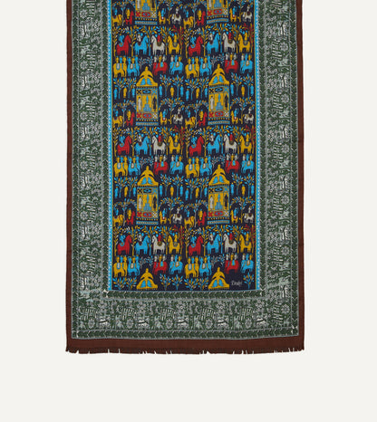 Drake's Navy Elephant Village Print Wool-Silk Scarf