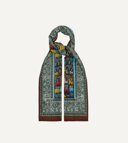 Drake's Navy Elephant Village Print Wool-Silk Scarf