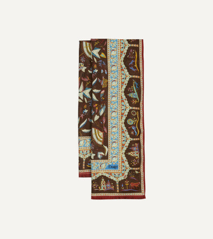 Drake's Brown Classic Mughal Print Wool Silk Scarf