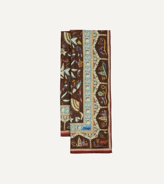 Drake's Brown Classic Mughal Print Wool Silk Scarf