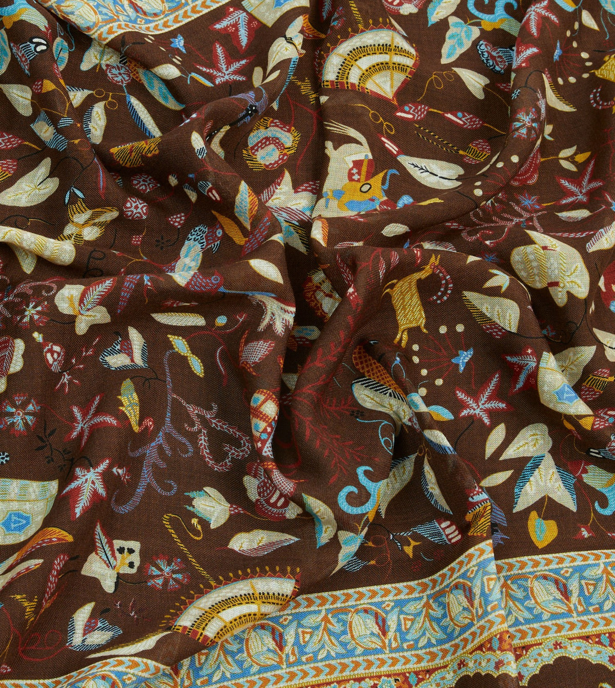Drake's Brown Classic Mughal Print Wool Silk Scarf