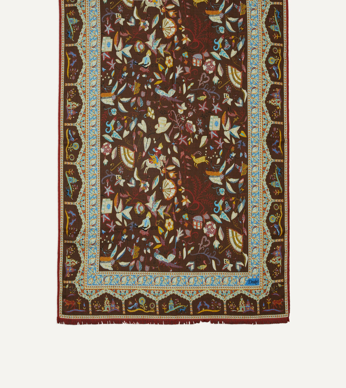 Drake's Brown Classic Mughal Print Wool Silk Scarf