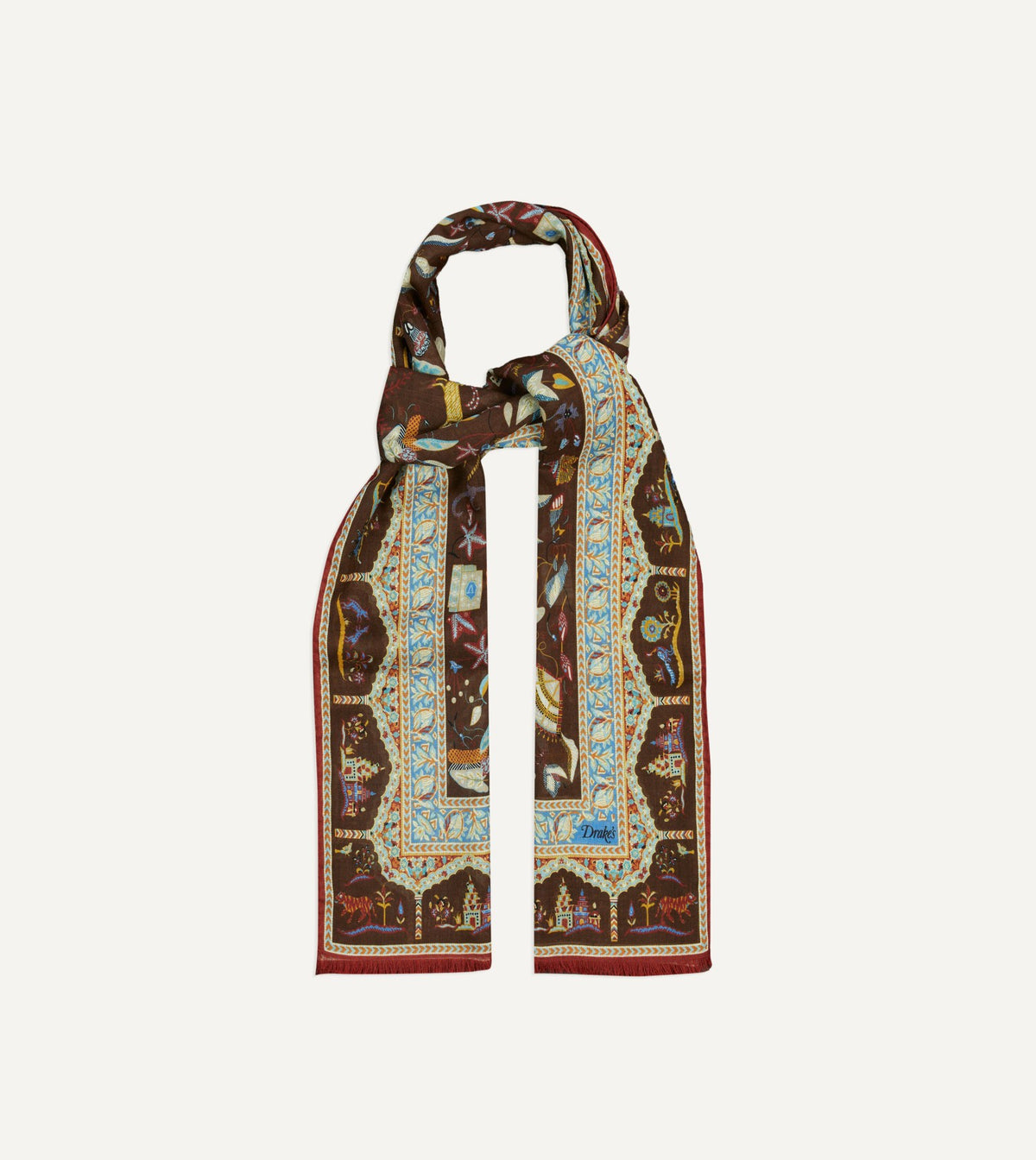 Drake's Brown Classic Mughal Print Wool Silk Scarf