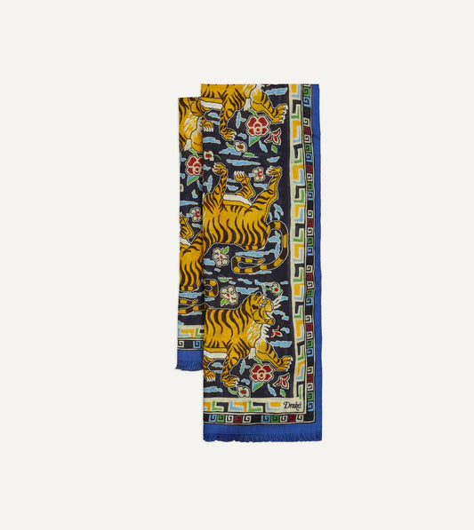 Drake's Blue Jumbo Tiger Print Wool-Silk Scarf