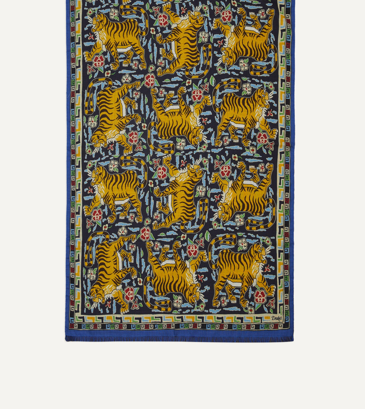 Drake's Blue Jumbo Tiger Print Wool-Silk Scarf