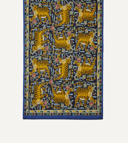 Drake's Blue Jumbo Tiger Print Wool-Silk Scarf