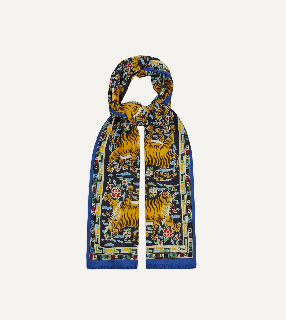 Drake's Blue Jumbo Tiger Print Wool-Silk Scarf